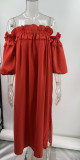 Solid Color Cotton-Linen Off-Shoulder Split Vacation Dress