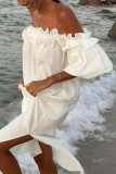 Solid Color Cotton-Linen Off-Shoulder Split Vacation Dress