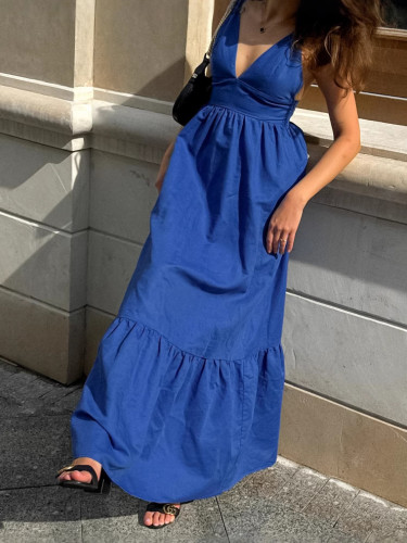 Cotton-Linen V-Neck Backless Spaghetti Strap A-Line Maxi Dress