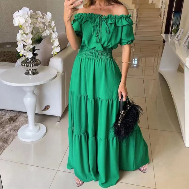 Solid Color Strapless Ruffled Hem Bubble Sleeve A-Line Dress