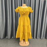 Solid Color Strapless Ruffled Hem Bubble Sleeve A-Line Dress