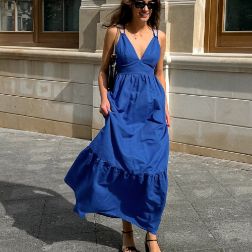Cotton-Linen V-Neck Backless Spaghetti Strap A-Line Maxi Dress