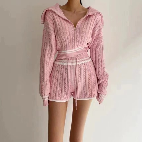 Zipper Knit Sweater and Shorts Set