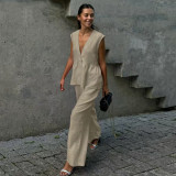 V-neck Button Up Sleeveless Top Vest Pants Suit