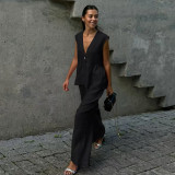 V-neck Button Up Sleeveless Top Vest Pants Suit