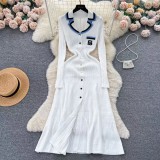 Color-Blocked Embroidered Polo Neck Long Sleeve Knit Dress