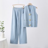 Sleeveless Knit Top with Large Buttons & Straight Wide-Leg Pants Set