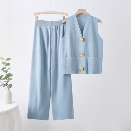 Sleeveless Knit Top with Large Buttons & Straight Wide-Leg Pants Set