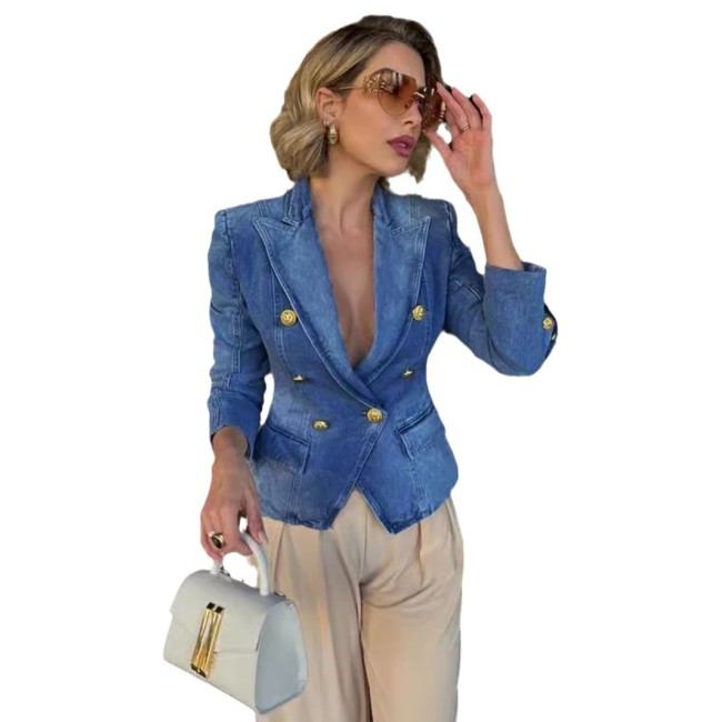 Double-Breasted Slim Fit Denim Blazer for Women