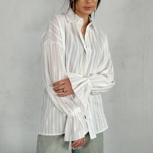 Cotton Floral Print Loose Fit Collared Shirt with Bell Sleeves