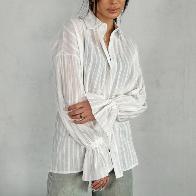 Cotton Floral Print Loose Fit Collared Shirt with Bell Sleeves