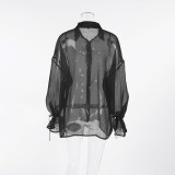 Sheer Black Mesh Lantern Sleeve Shirt for Women
