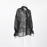Sheer Black Mesh Lantern Sleeve Shirt for Women