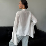 Round Neck Bell Sleeve Ruffled Design Sheer Blouse