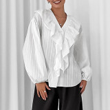 White V-Neck Ruffled Cotton Blouse for Women