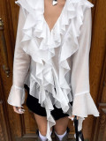 Tencel V-Neck Flared Sleeve Blouse with Ruffled Hem