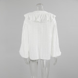 White V-Neck Ruffled Cotton Blouse for Women