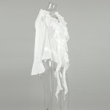 Tencel V-Neck Flared Sleeve Blouse with Ruffled Hem