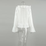 Tencel V-Neck Flared Sleeve Blouse with Ruffled Hem