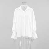 Cotton Floral Print Loose Fit Collared Shirt with Bell Sleeves