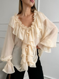 V-Neck White Loose Fit Chiffon Blouse with Ruffled Sleeves