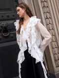 Tencel V-Neck Flared Sleeve Blouse with Ruffled Hem