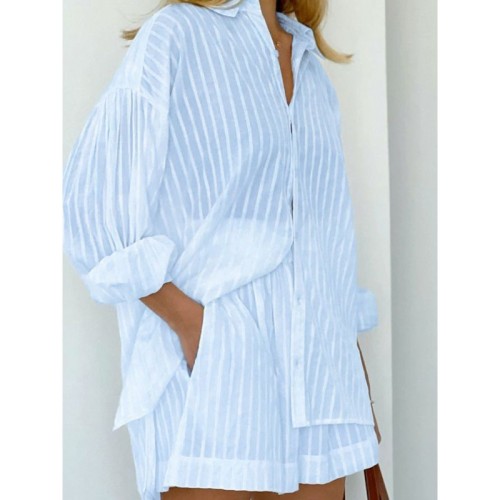 Striped Puff Sleeve Short Pants Set for Women