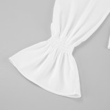 V-Neck White Loose Fit Chiffon Blouse with Ruffled Sleeves