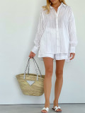 Striped Puff Sleeve Short Pants Set for Women