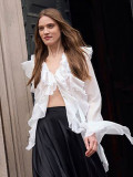 Tencel V-Neck Flared Sleeve Blouse with Ruffled Hem