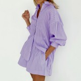 Striped Puff Sleeve Short Pants Set for Women
