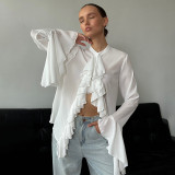 Round Neck Bell Sleeve Ruffled Design Sheer Blouse