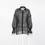 Sheer Black Mesh Lantern Sleeve Shirt for Women