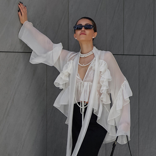 Ruffled Edge Tie-Front Tencel Chiffon Shirt