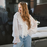 V-Neck White Loose Fit Chiffon Blouse with Ruffled Sleeves