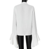 Round Neck Bell Sleeve Ruffled Design Sheer Blouse