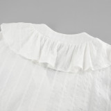 White V-Neck Ruffled Cotton Blouse for Women
