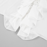 V-Neck White Loose Fit Chiffon Blouse with Ruffled Sleeves
