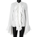 Round Neck Bell Sleeve Ruffled Design Sheer Blouse