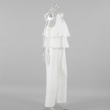 Casual White Cotton-Linen Two-Piece Set with Flutter Sleeve Top and Wide-Leg Pants