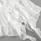 Tencel V-Neck Flared Sleeve Blouse with Ruffled Hem