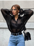 Sheer Black Mesh Lantern Sleeve Shirt for Women
