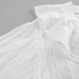 White V-Neck Ruffled Cotton Blouse for Women