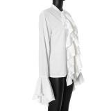 Round Neck Bell Sleeve Ruffled Design Sheer Blouse