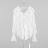 V-Neck White Loose Fit Chiffon Blouse with Ruffled Sleeves
