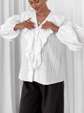 White V-Neck Ruffled Cotton Blouse for Women