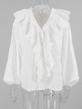 White V-Neck Ruffled Cotton Blouse for Women