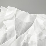 Tencel V-Neck Flared Sleeve Blouse with Ruffled Hem