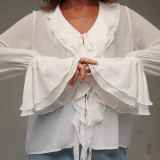 Ruffled Cardigan with Tie Design