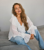 V-Neck White Loose Fit Chiffon Blouse with Ruffled Sleeves